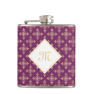 Luxury Monogram Purple and Gold Quatre Floral Hip Flask