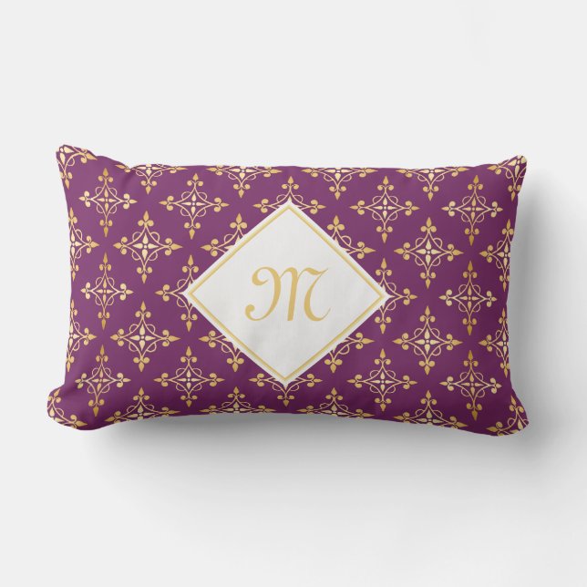 Luxury Monogram Purple and Gold Quatre Floral Lumbar Cushion (Front)