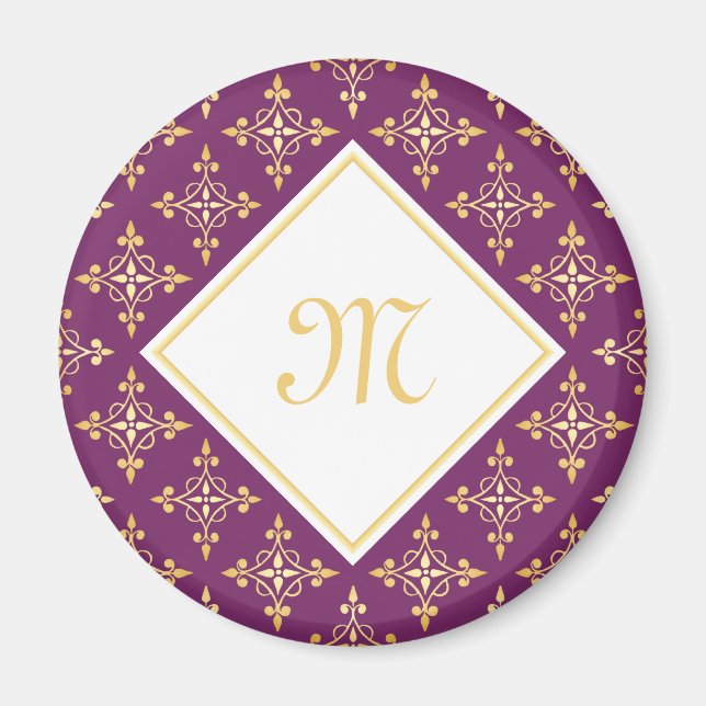 Luxury Monogram Purple and Gold Quatre Floral Magnet (Front)