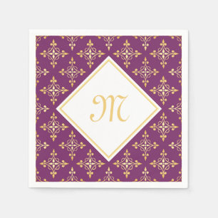 Luxury Monogram Purple and Gold Quatre Floral Napkin