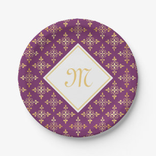 Luxury Monogram Purple and Gold Quatre Floral Paper Plate