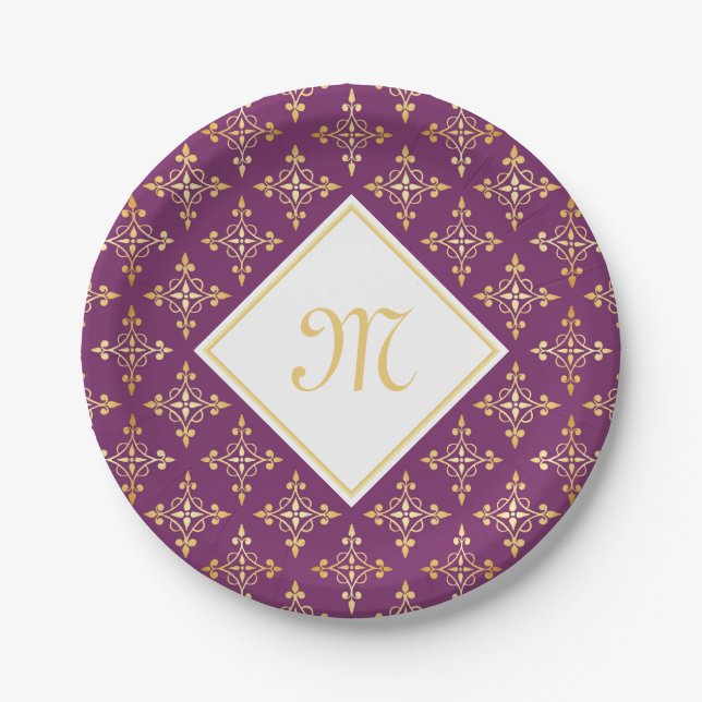 Luxury Monogram Purple and Gold Quatre Floral Paper Plate (Front)