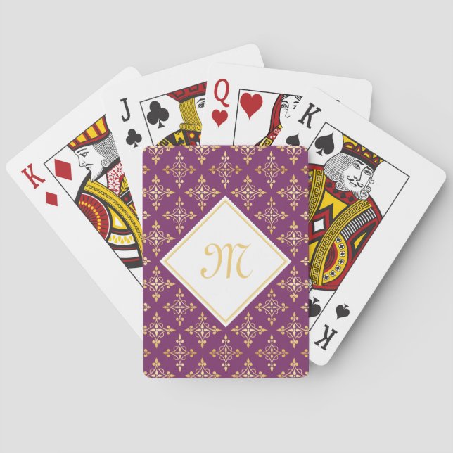Luxury Monogram Purple and Gold Quatre Floral Playing Cards (Back)