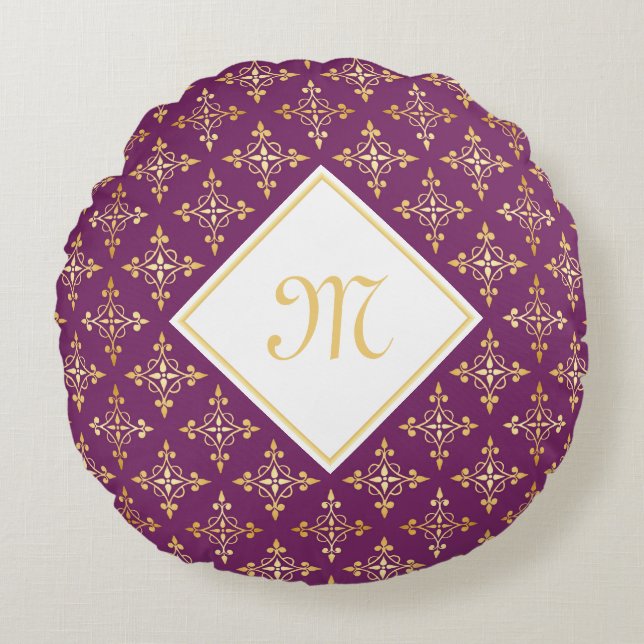 Luxury Monogram Purple and Gold Quatre Floral Round Cushion (Front)