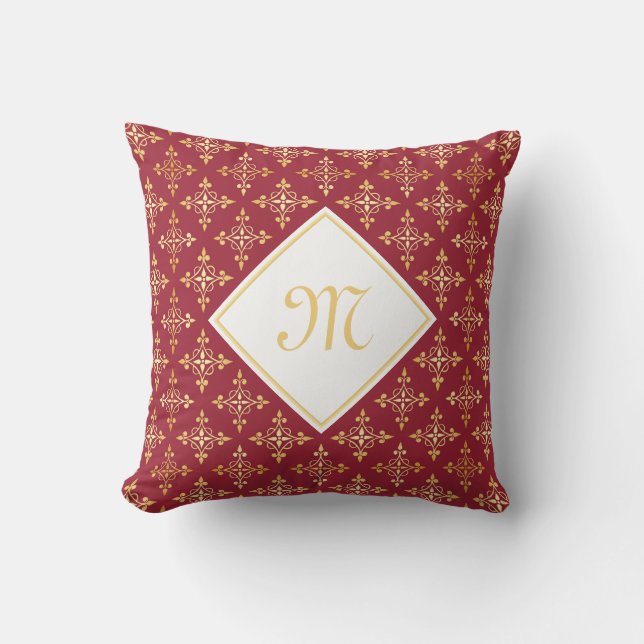 Luxury Monogram Red and Gold Quatre Floral Cushion (Front)