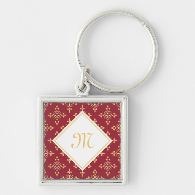 Luxury Monogram Red and Gold Quatre Floral Key Ring (Front)