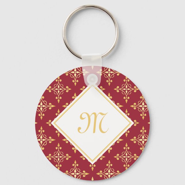 Luxury Monogram Red and Gold Quatre Floral Key Ring (Front)