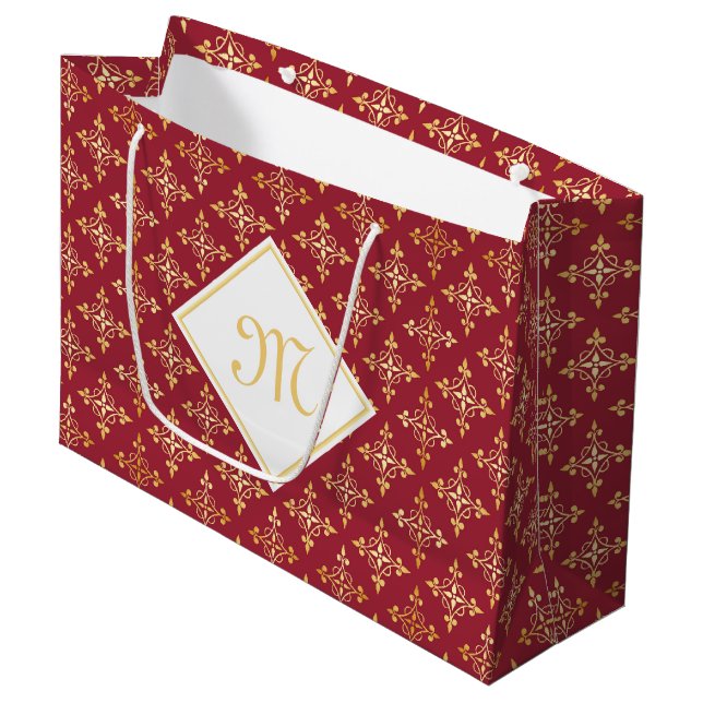 Luxury Monogram Red and Gold Quatre Floral Large Gift Bag (Front Angled)