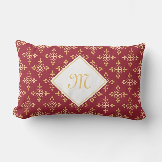 Luxury Monogram Red and Gold Quatre Floral Lumbar Cushion (Front)