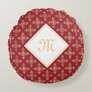 Luxury Monogram Red and Gold Quatre Floral Round Cushion