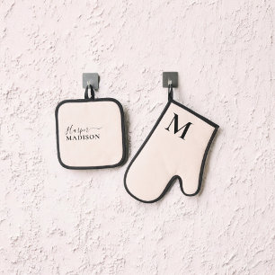 Luxury Monogram Script Blush Pink Oven Mitt & Pot Holder Set