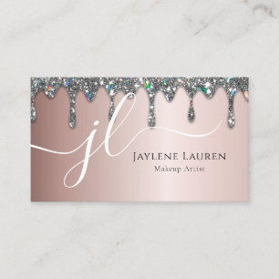 Luxury Monogram Silver Glitter Drips Light Mauve Business Card