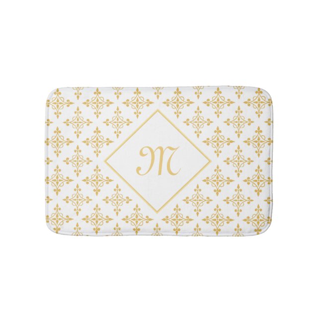 Luxury Monogram White and Gold Quatre Floral Bath Mat (Front)
