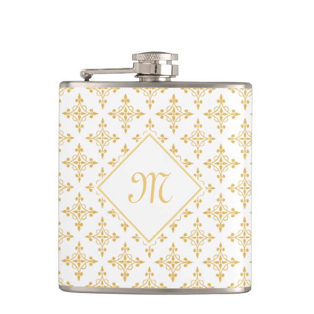 Luxury Monogram White and Gold Quatre Floral Hip Flask (Front)