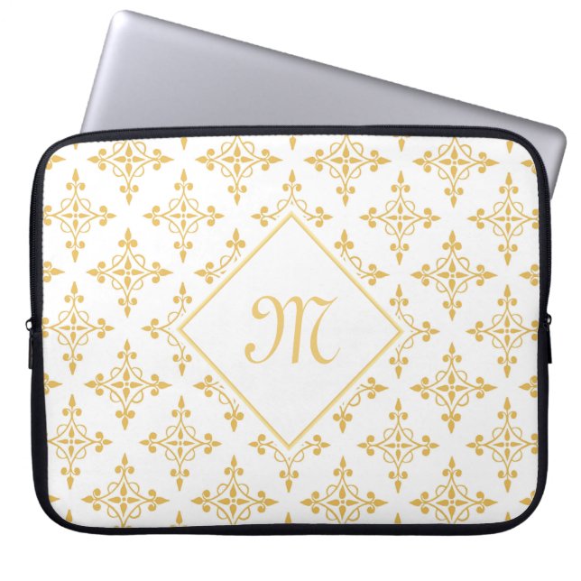 Luxury Monogram White and Gold Quatre Floral Laptop Sleeve (Front)
