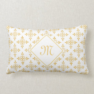 Luxury Monogram White and Gold Quatre Floral Lumbar Cushion