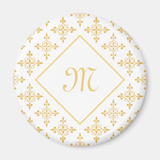 Luxury Monogram White and Gold Quatre Floral Magnet (Front)