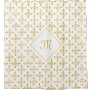 Luxury Monogram White and Gold Quatre Floral Shower Curtain