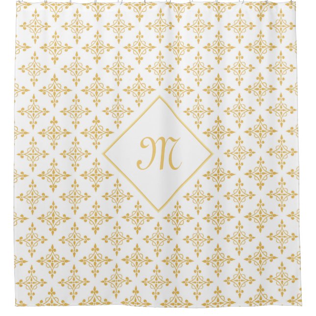 Luxury Monogram White and Gold Quatre Floral Shower Curtain (Front)