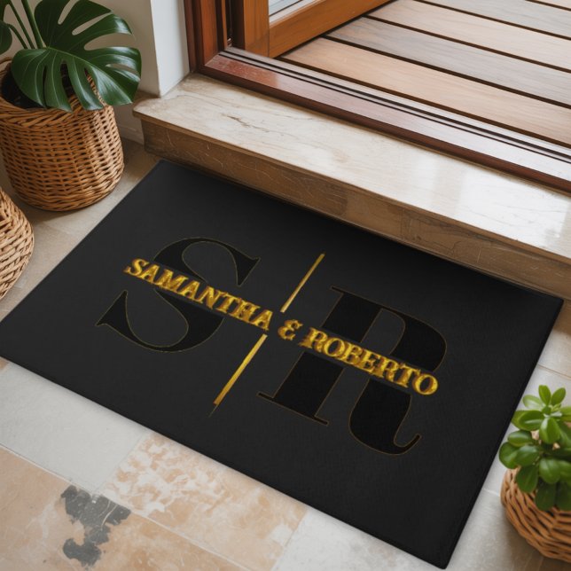 Luxury Monogrammed Black Gold Modern Minimalist Doormat (Creator Uploaded)