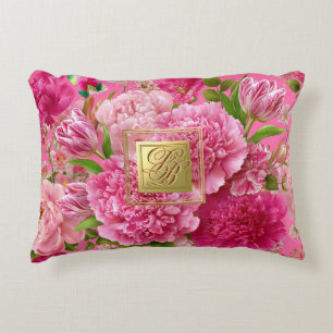 Luxury Monogrammed Pink Garden Floral Decorative Cushion