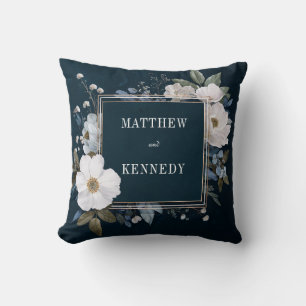 Luxury Moody Indigo Blue White Floral Gold Frame Cushion
