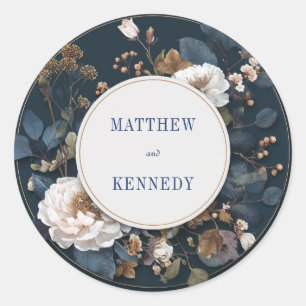 Luxury Moody Navy Gold White Peony Wedding Classic Round Sticker