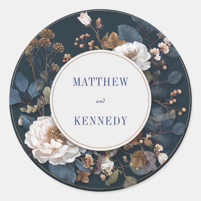 Luxury Moody Navy Gold White Peony Wedding Classic Round Sticker (Front)