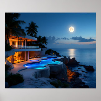 Luxury Moonlit Villa – Modern Ocean Night Aestheti Poster
