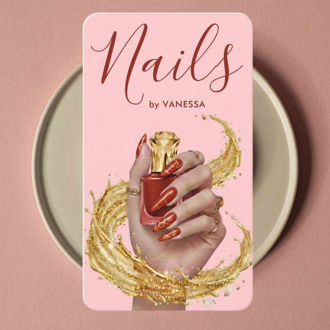 Luxury Nail Artist Manicurist Tomato Red Gold Pink Business Card (Creator Uploaded)