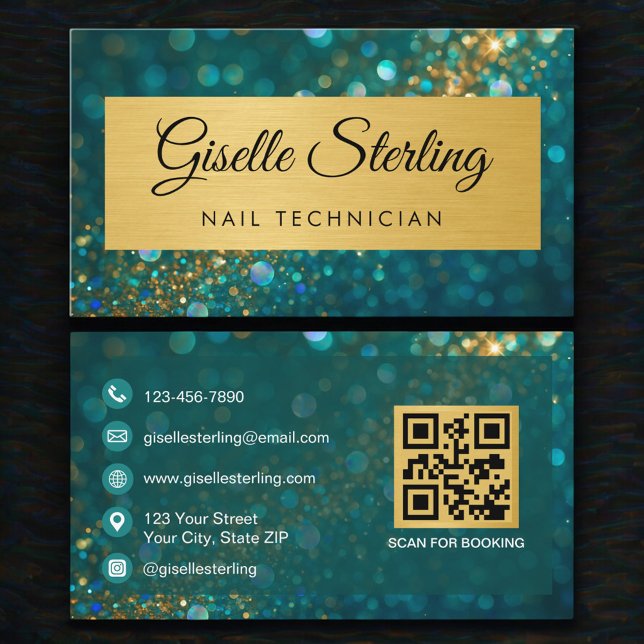 Luxury Nail Technician Gold Teal Glitter QR Code Business Card (Creator Uploaded)
