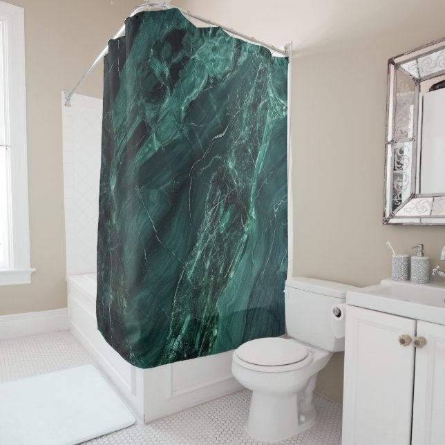 Luxury Natural Dark Green Marble Shower Curtain (In Situ)