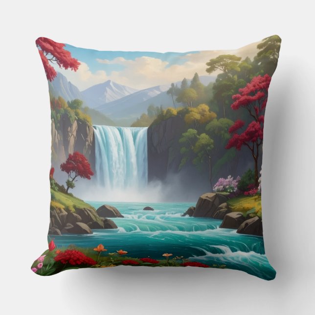 Luxury Nature Waterfall Throw Pillow -Scenic décor (Front)