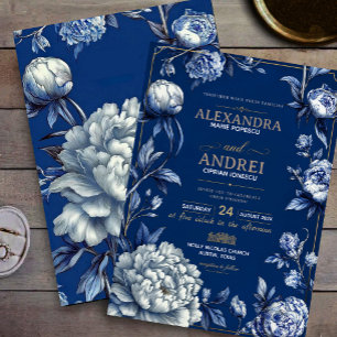 Luxury Navy Blue and Gold Elegant Floral Chinoiser Invitation