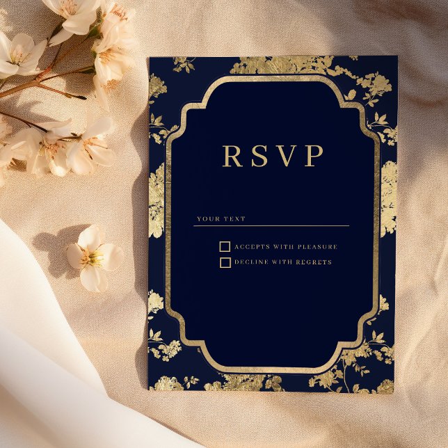 Luxury navy blue and gold floral RSVP Invitation (Luxury navy blue and gold floral RSVP )