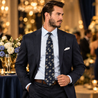 Luxury Navy Blue and Gold Floral Seamless Pattern  Tie