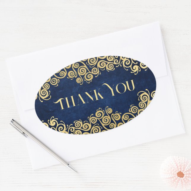  Luxury Navy Blue And Gold Flourish Winter Wedding Oval Sticker (Envelope)