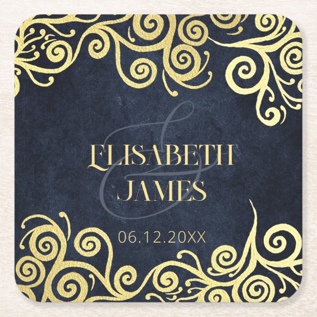  Luxury Navy Blue And Gold Flourish Winter Wedding Square Paper Coaster (Front)