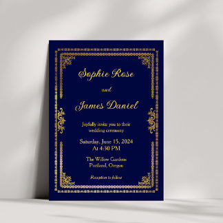 Luxury Navy Blue and Gold Frame Wedding Invitation