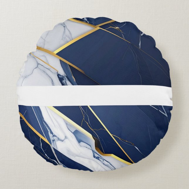 Luxury Navy Blue and Gold Marble Geometric Pattern Round Cushion (Front)
