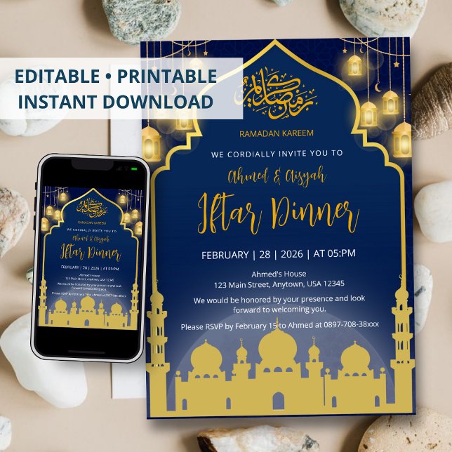 Luxury Navy Blue and Gold Mosque Iftar Dinner Invitation (Creator Uploaded)