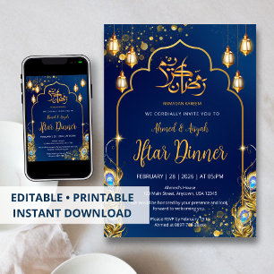 Luxury Navy Blue and Gold Peacock Ramadan Iftar Invitation