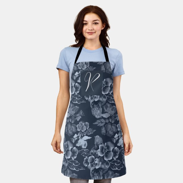 Luxury Navy Blue and Silver Floral Monogrammed Apron (Worn)