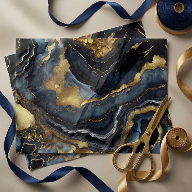 Luxury Navy Blue Black Faux Gold Marble Agate Tissue Paper (Creator Uploaded)