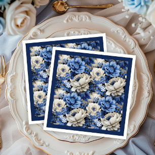 Luxury Navy Blue Floral Ivory Elegant Dinner Napkin