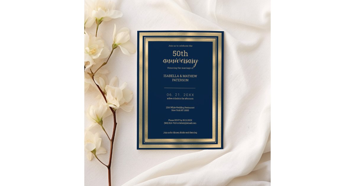 Luxury navy blue gold 50th Wedding Anniversary Invitation | Zazzle