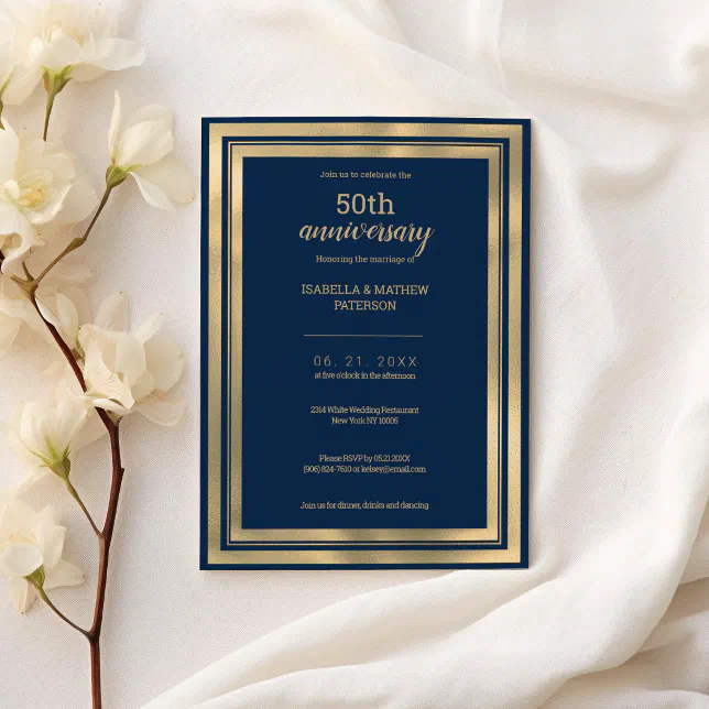 Luxury navy blue gold 50th Wedding Anniversary Invitation | Zazzle