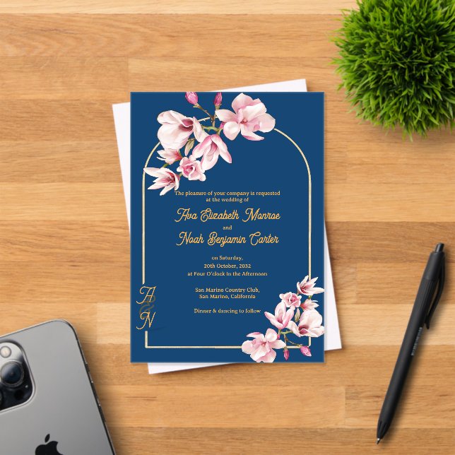 Luxury Navy Blue Gold Arch Magnolia Wedding Acrylic Invitations (Insitu (Invitation Card))