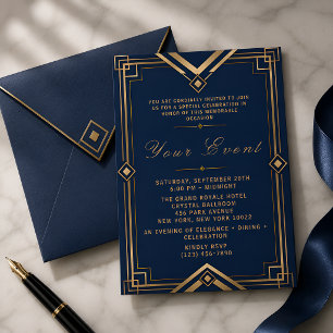 Luxury Navy Blue Gold Art Deco Gala Celebration Invitation