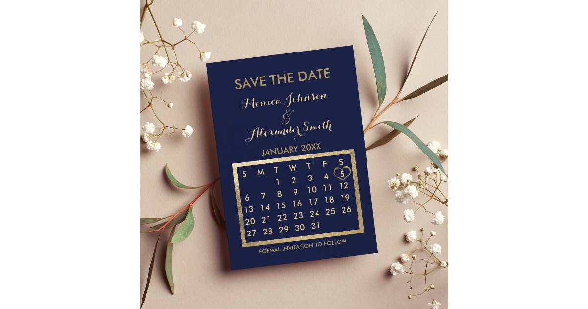Luxury navy Blue Gold Calendar Save the Date Announcement Postcard | Zazzle